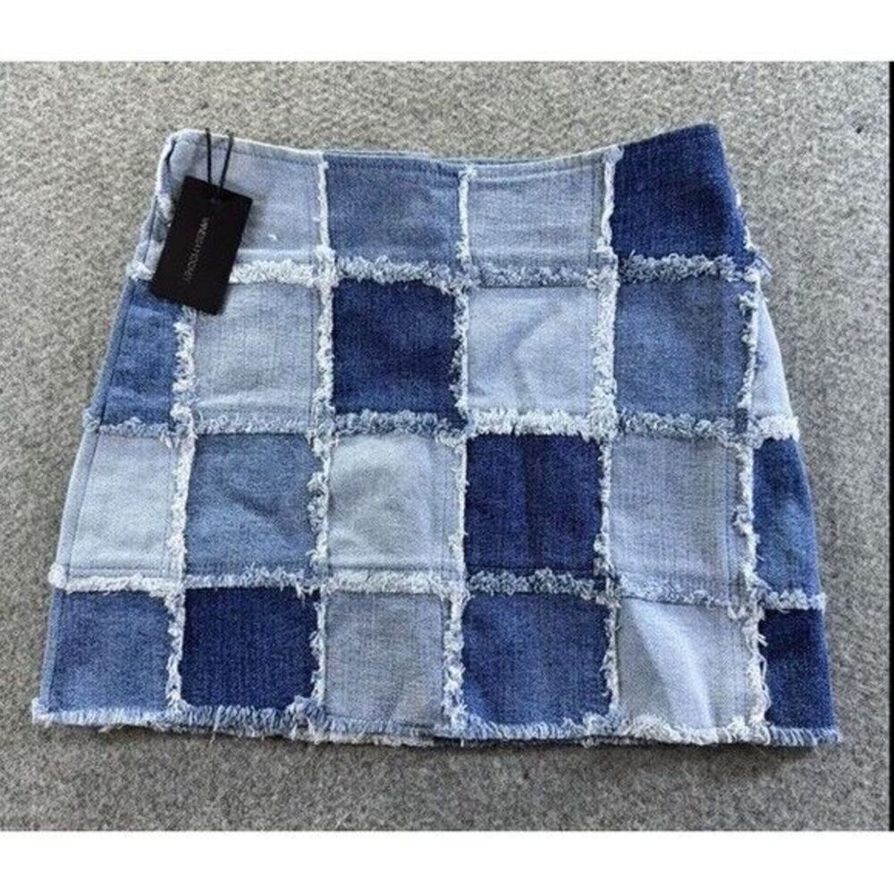 Vanessa Mooney Jean Skirt XXS Patchwork Denim Frayed Hippie Women's‎ Y2K Blue